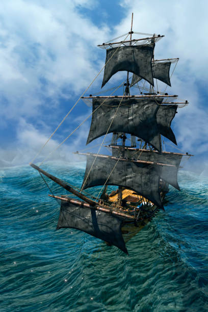 istock pirate ship sailing on the sea, 3D render 1035185526
