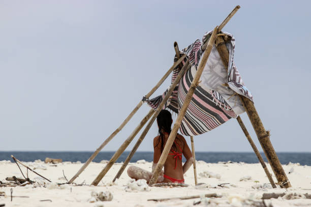 kobieta na plaży siedzi pod prostym schronieniem - castaway zdjęcia i obrazy z banku zdjęć