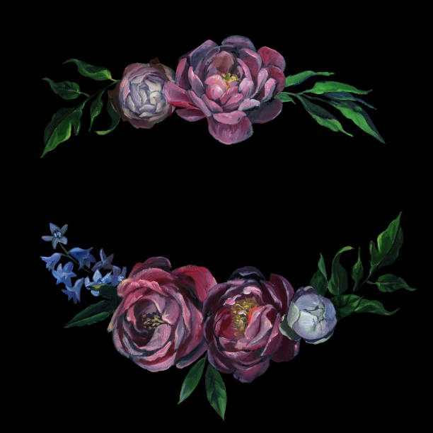 istock Border of peony flowers and leaf on black background. Flowers drawing in old style 1035194268
