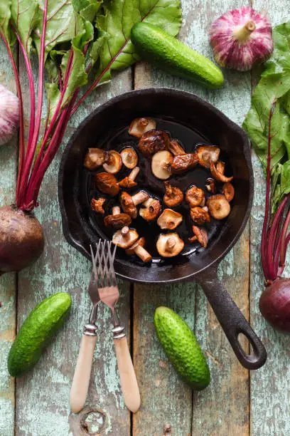 Edible forest mushrooms, vegan meal. Suillus luteus or clippery Jack mushrooms fried in cast iron pan surrounded with cucumbers and beets on shabby blue background overhead view