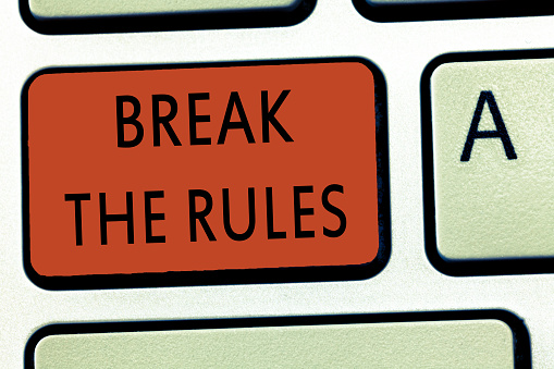 Word writing text Break The Rules. Business concept for To do something against formal rules and restrictions.