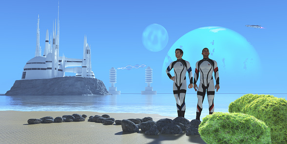 Two men in military uniform visiting from Earth check out a shoreline in a world with two large moons and a modern colony.