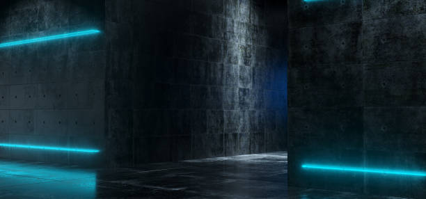 istock Futuristic Sci-Fi Reflective Concrete Room Tunnel With Neon Blue Glowing Stripes And Empty Space Wallpaper 3D Rendering 1035205306