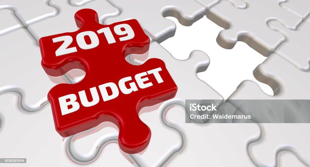 Budget 2019. The inscription on the missing element of the puzzle Folded white puzzles elements and one red with word BUDGET 2019. 3D Illustration Budget Stock Photo