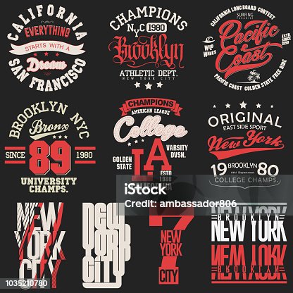 istock T-shirt stamp graphic set. Sport wear typography emblem 1035210780
