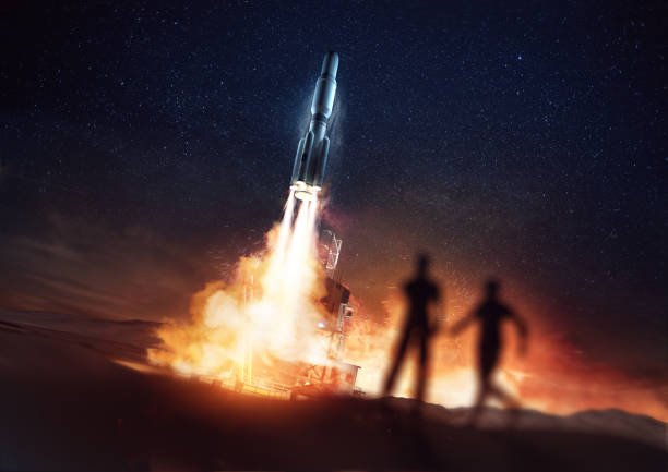 People Watching A Rocket Launch People watching a rocket launching into space from a launch pad. 3D Illustration rocket launch platform stock pictures, royalty-free photos & images