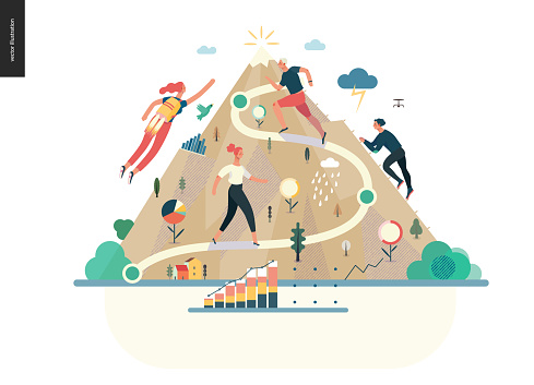 Business series, color 1- career -modern flat vector illustration concept of career - people climbing the mountain. Climbing up the career ladder process metaphor Creative landing page design template