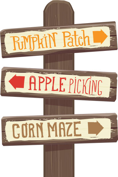 秋のパンプキン パッチ、りんご狩り、トウモロコシ迷路木製の道標 - pumpkin patch点のイラスト素材／クリップアート素材／マンガ素材／アイコン素材