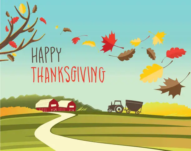 Vector illustration of Happy Thanksgiving Autumn design with handwriting text on colorful fall landscape