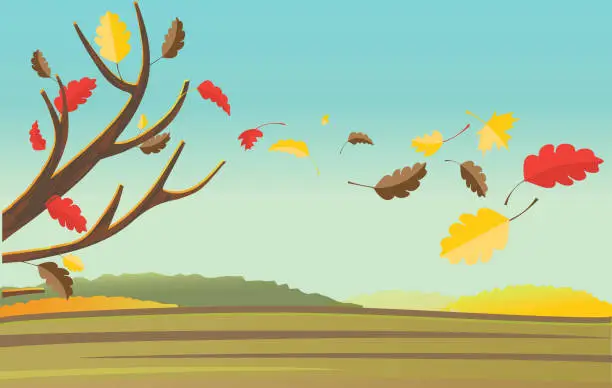 Vector illustration of Colorful fall landscape with falling leaves