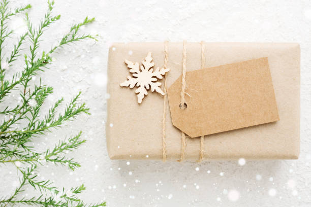 istock Christmas gift & tag with coniferous branch on snow white. 1035237778