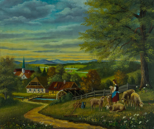 owce na łąki kwietnej przed wsią - mill river obrazy stock illustrations