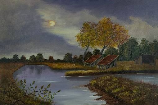 Oilpainting - Landscape with two barns and different trees in the background