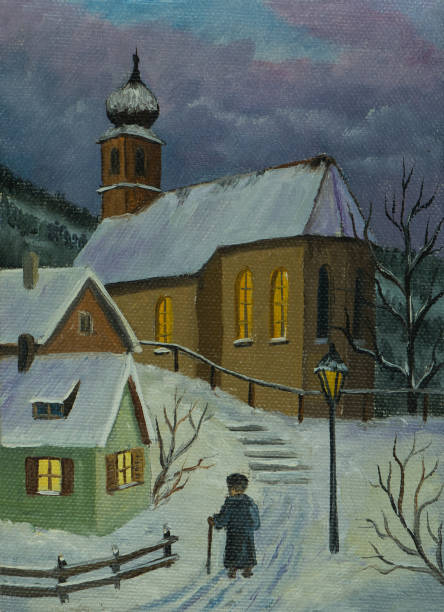 istock Way to the church in winter with light in the windows 1035252736