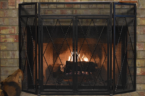 A fireplace with log and iron screen and blazing fire within.