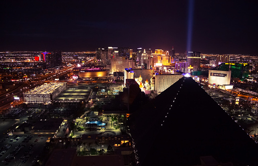 Las Vegas, USA - April 2018: Panoramic aerial view of the Las Vegas strip with casinos and hotels at night. Night view of Las Vegas from the hotel window.