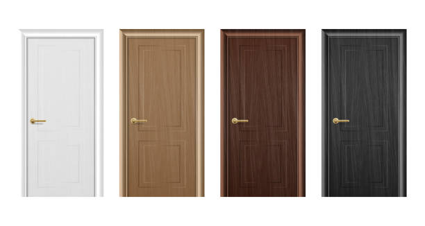 istock Vector realistic different closed brown wooden door icon set closeup isolated on white background. Elements of architecture. Design template for graphics, Front view 1035272784