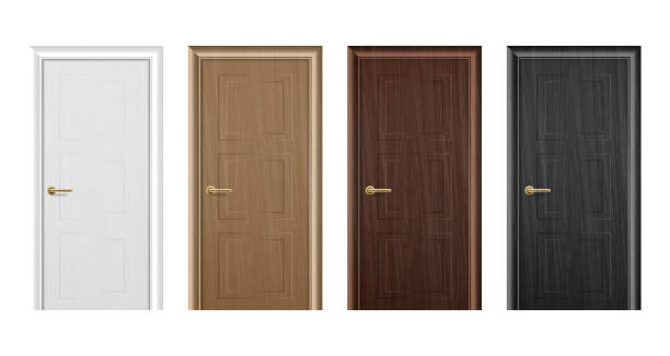 istock Vector realistic different closed brown wooden door icon set closeup isolated on white background. Elements of architecture. Design template for graphics, Front view 1035272790