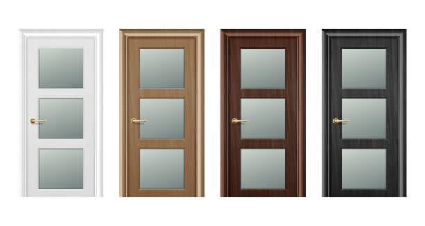 istock Vector realistic different closed brown wooden door icon set closeup isolated on white background. Elements of architecture. Design template for graphics, Front view 1035272792