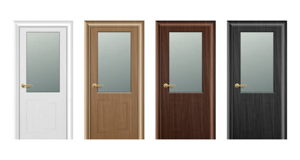 istock Vector realistic different closed brown wooden door icon set closeup isolated on white background. Elements of architecture. Design template for graphics, Front view 1035272798
