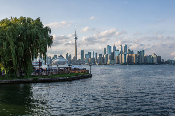 toronto city skyline - vista das ilhas de toronto ao entardecer - canada trust tower - fotografias e filmes do acervo