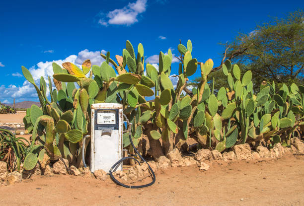 vieille pompe à essence dans le désert de namib, solitaire, namibie - station retro revival gas station old photos et images de collection