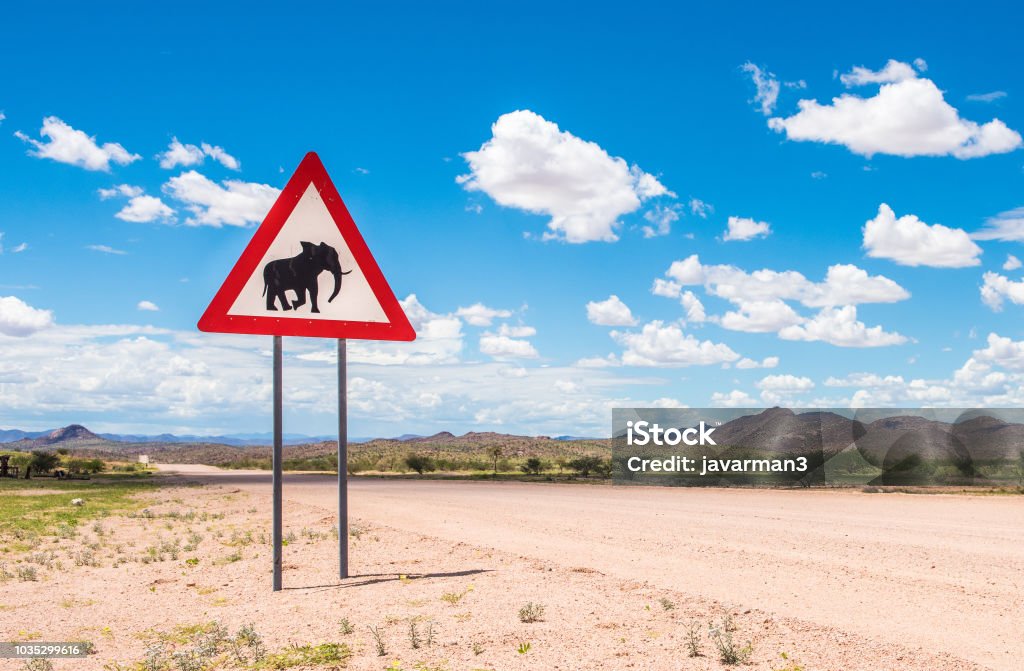Elefantes cruzando el signo de advertencia de camino, Damaraland, Namibia - Foto de stock de Aire libre libre de derechos