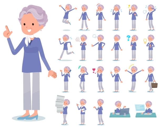 flat type blue one piece old women_emotion A set of old women with who express various emotions.There are actions related to workplaces and personal computers.It's vector art so it's easy to edit. sad old woman stock illustrations