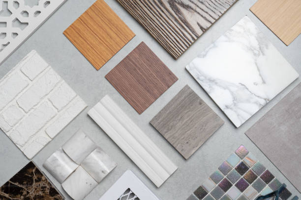istock samples of material, wood , on concrete table.Interior design select material for idea. 1035307886