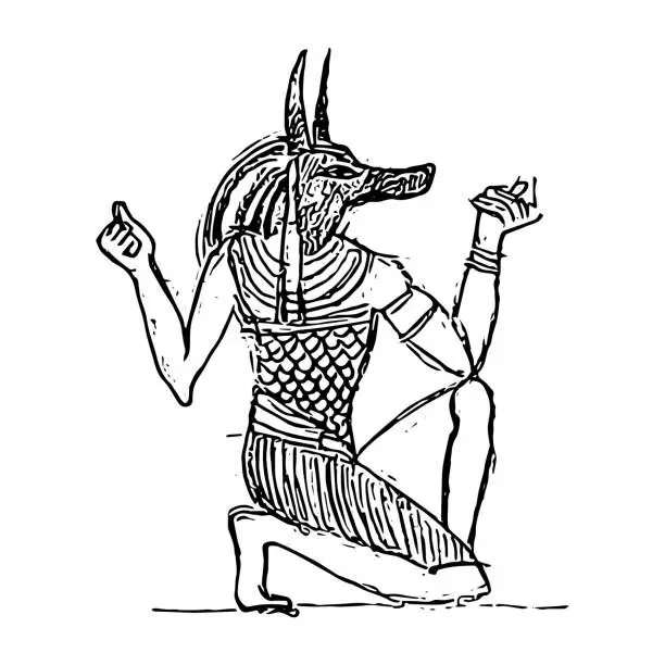 Vector illustration of God of the dead Anubis in The Netherworld. Egyptian bas-relief (sketch).