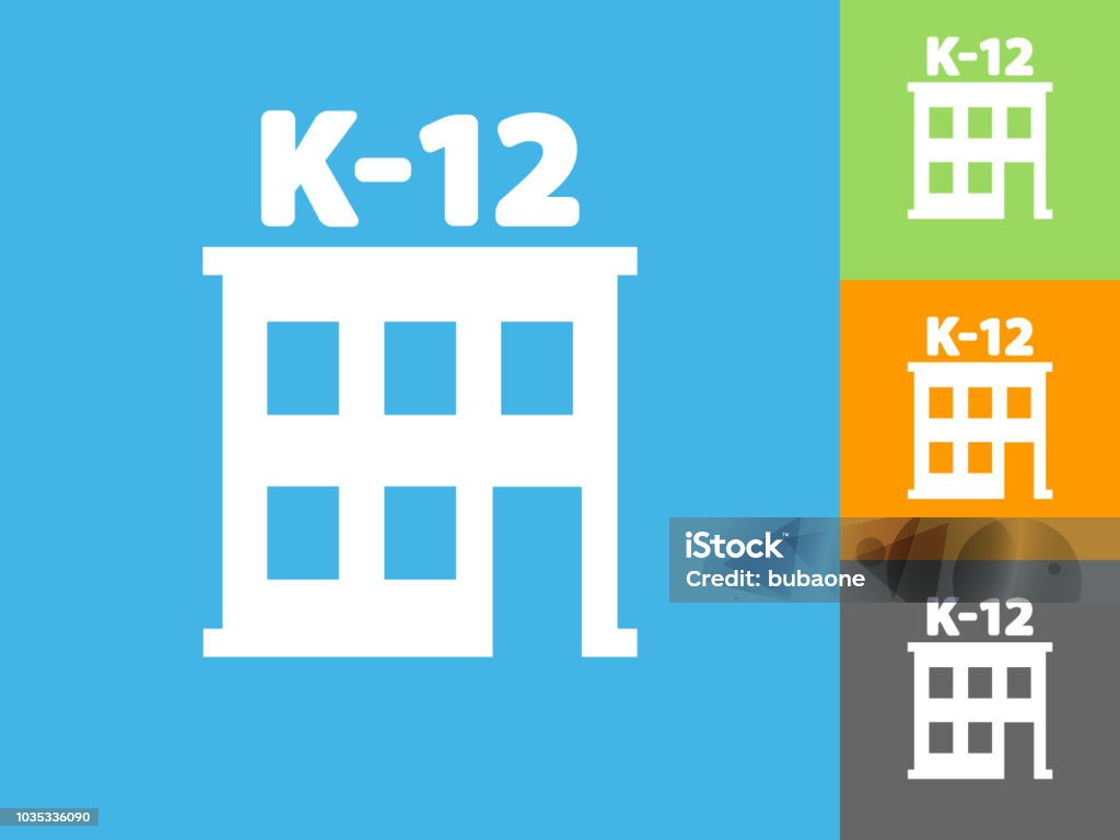 K-12 School Flat Icon on Blue Background K-12 School Flat Icon on Blue Background. The icon is depicted on Blue Background. There are three more background color variations included in this file. The icon is rendered in white color and the background is blue. Icon Symbol stock vector