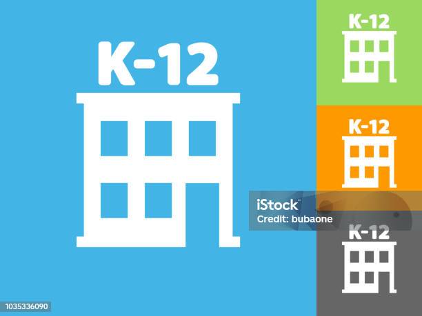 K12 School Flat Icon On Blue Background Stock Illustration - Download Image Now - Icon Symbol, Blue, Building Exterior