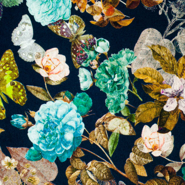 istock Knitted fabric. Flowers, berries and butterflies on a black back 1035347366