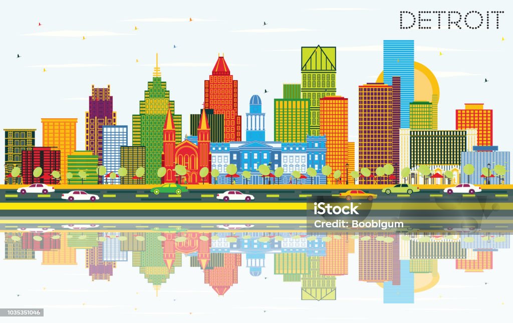 Detroit Michigan City Skyline with Color Buildings, Blue Sky and Reflections. Detroit Michigan City Skyline with Color Buildings, Blue Sky and Reflections. Vector Illustration. Business Travel and Tourism Concept with Modern Architecture. Detroit Cityscape with Landmarks. Detroit - Michigan stock vector
