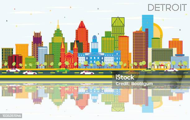 Detroit Michigan City Skyline With Color Buildings Blue Sky And Reflections Stock Illustration - Download Image Now