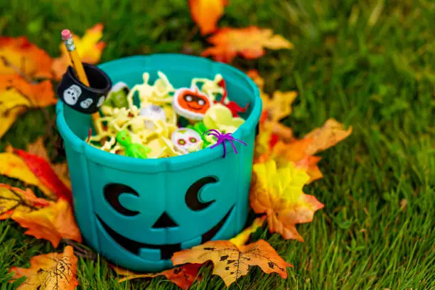 Photo of Halloween teal basket full of non-food treats