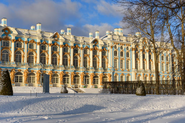 Catherine palace in Tsarskoe Selo in winter. Pushkin. Saint Petersburg. Russia Catherine palace in Tsarskoe Selo in winter. Pushkin town. Saint Petersburg. Russia st petersburg catherine palace palace russia stock pictures, royalty-free photos & images