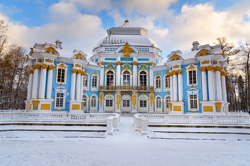 Pavilion Hermitage in Catherine park at Tsarskoe Selo in winter. Pushkin town. Saint Petersburg. Russia