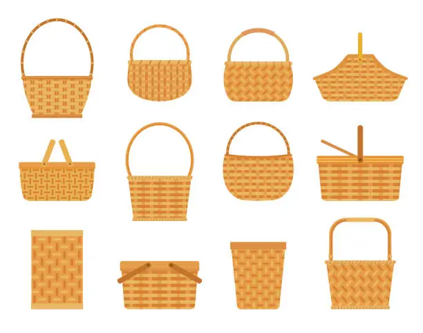 Vector illustration of Collection of empty baskets, isolated on white background.