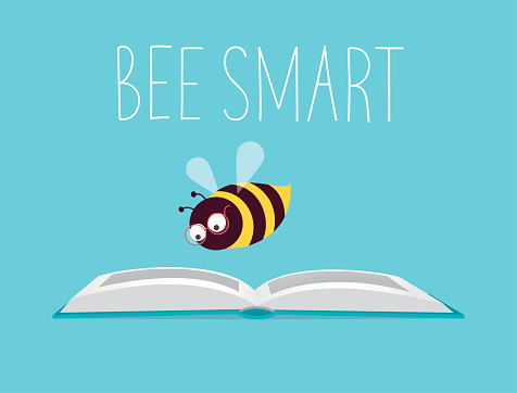 Vector illustration. Honeybee with eyeglasses flying over an open book and reading it. Text 'Bee Smart'. Turquoise background, horizontal format.