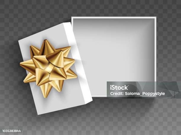 Open White Gift Box With Gold Bow Illustration Isolated On A Transparent Background Vector Eps10 Stock Illustration - Download Image Now