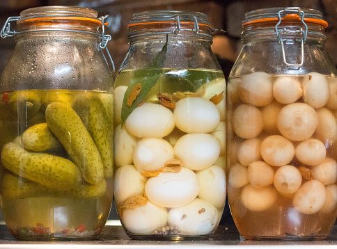 Pickled Onions, gherkins and eggs in Borough Market, London