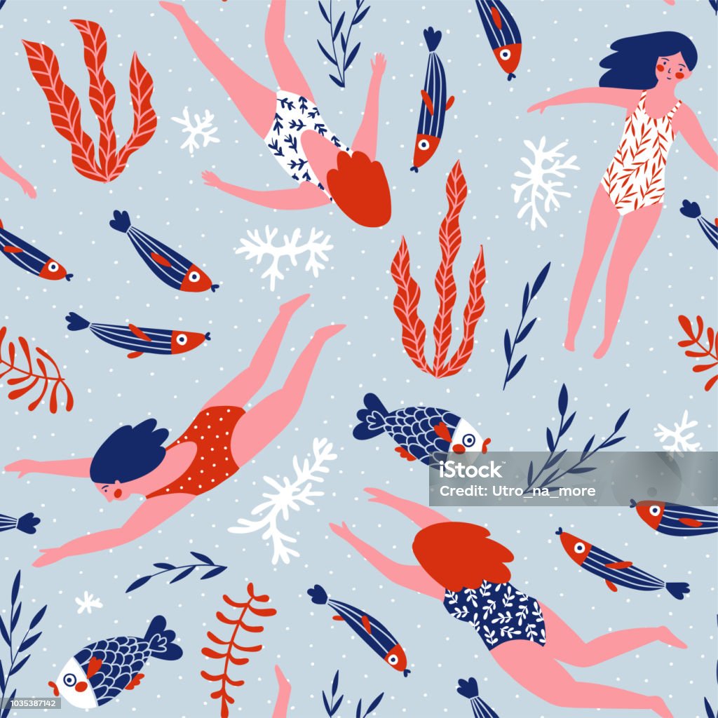 Cute hand-drawn repeat pattern design  with  swimming girls, fish and corals. Underwater seamless background. Vector illustration. Christmas stock vector