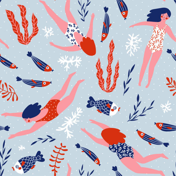Cute hand-drawn repeat pattern design  with  swimming girls, fish and corals. Underwater seamless background. Vector illustration. Cute hand-drawn repeat pattern design  with  swimming girls, fish and corals. Underwater seamless background. Vector illustration. swimming drawings stock illustrations