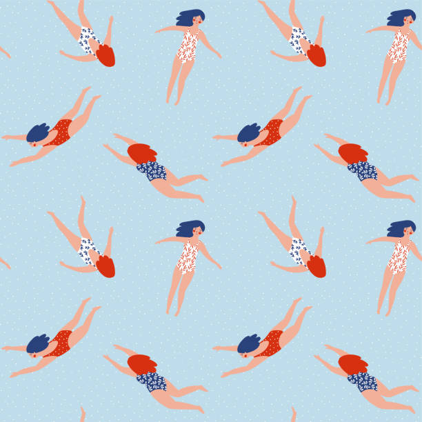 Repeated background with figures of young girls in swimsuits of different nationalities. Cute vector illustration in hand drawn style. Swimming collection. Seamless pattern. Repeated background with figures of young girls in swimsuits of different nationalities. Cute vector illustration in hand drawn style. Swimming collection. Seamless pattern. 3610 stock illustrations