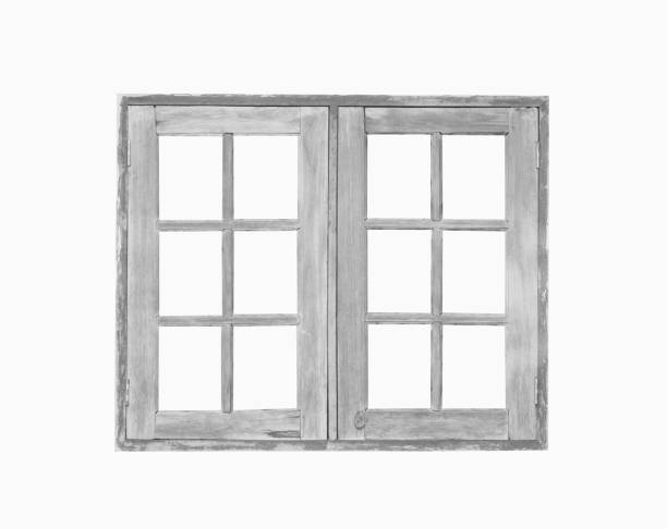 Old wooden window isolated on white background, architecture of traditional houses in Thailand.