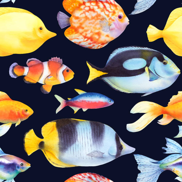 aquarell musterdesign mit gelben und blauen tang und clownfisch auf dunklem hintergrund. - tropical fish clown fish isolated animal stock-grafiken, -clipart, -cartoons und -symbole