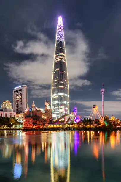 Scenic night view of skyscraper reflected in lake at downtown of Seoul in South Korea. Amazing modern tower is visible on cloudy sky background. Wonderful cityscape.