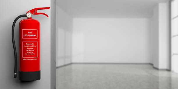 istock Fire extinguisher on a wall, blur empty room background. 3d illustration 1035403312