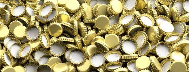 istock Blank, golden beer caps background, banner, top view. 3d illustration 1035403500